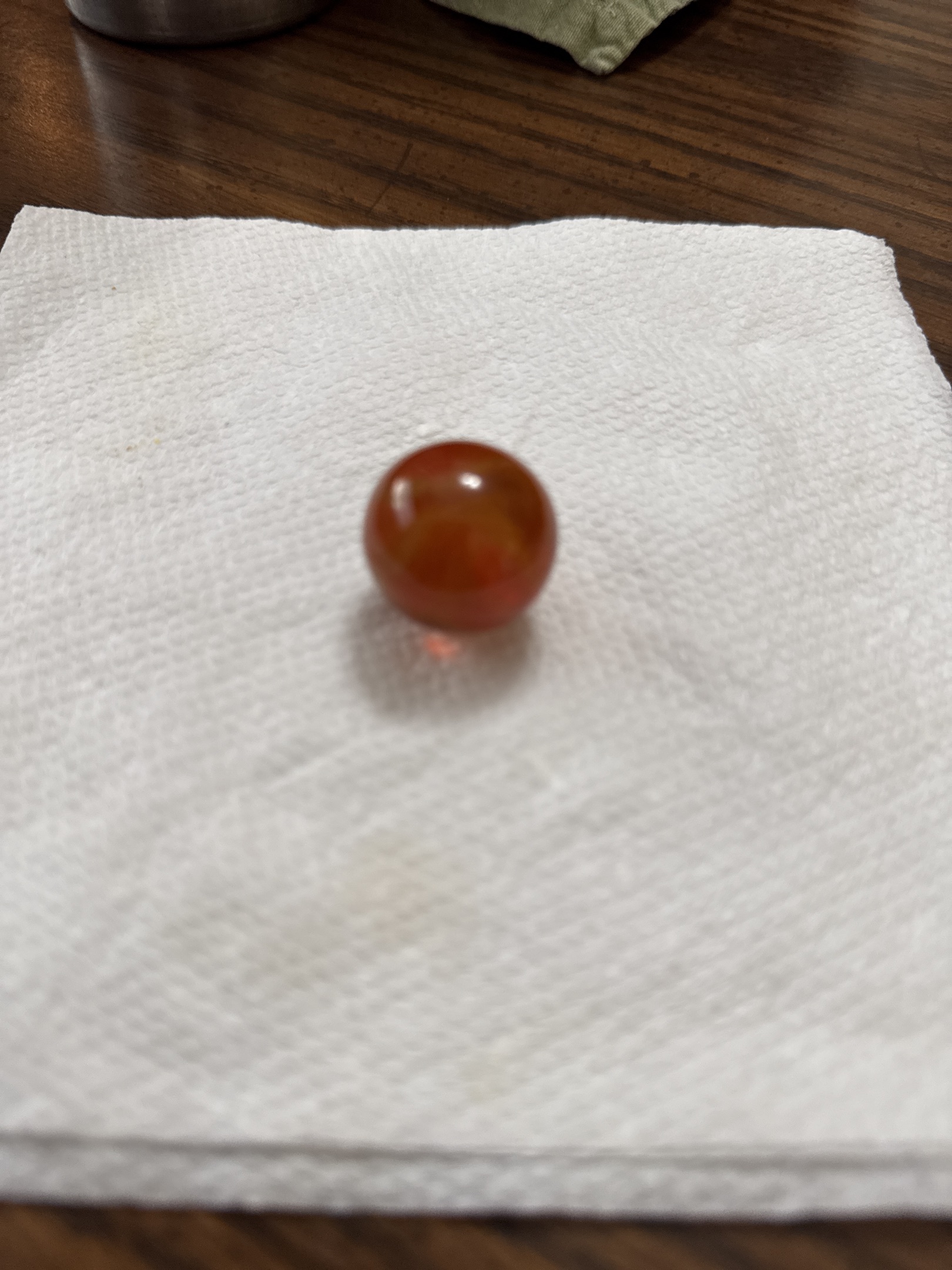 Amber / Orange Slag Shooter by Akro Agate Company, identification view