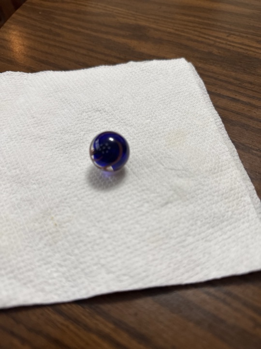 Blue with Red Ribbon Swirl by Alley Agate, identification view