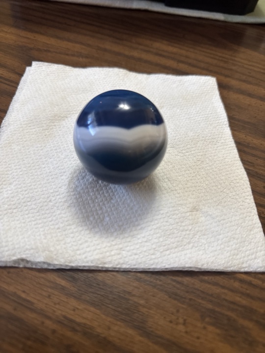 Dyed Blue Banded Agate Sphere by Lapidary / Mineral Cutters (Brazilian/Chinese Production), identification view