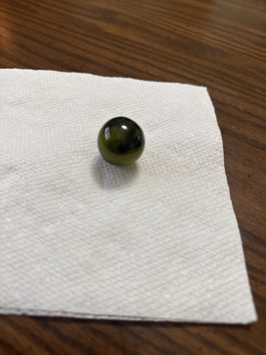 Olive Green and Black Swirl Shooter by Alley Agate, identification view