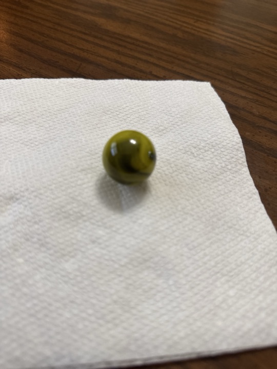 Olive Green Swirl Shooter by Alley Agate Company, identification view